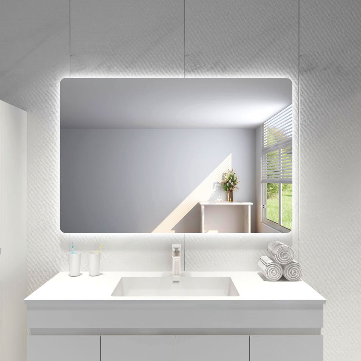 An LED mirror above a vanity
