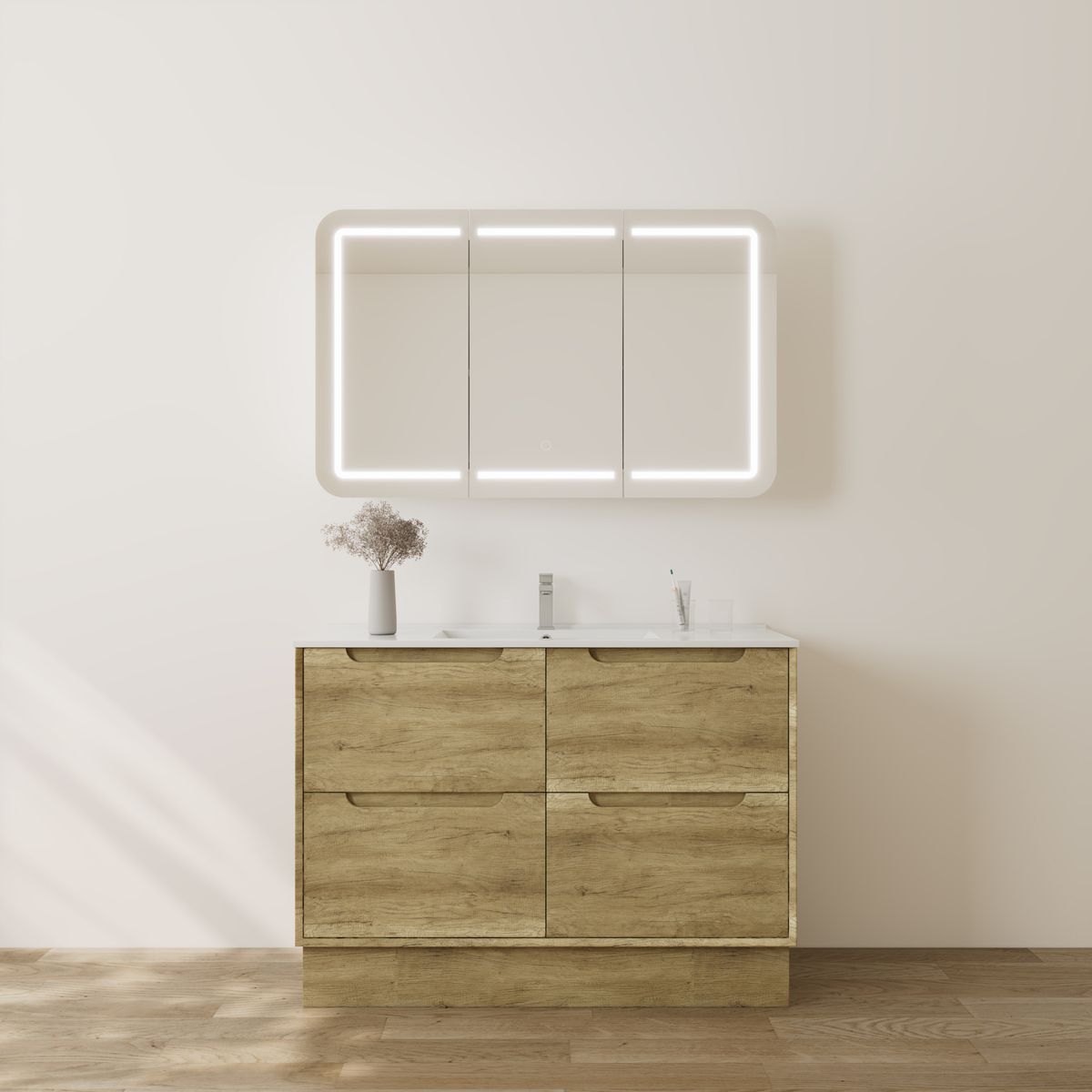 Brooklyn 1500mm ashwood vanity beneath an LED mirror cabinet