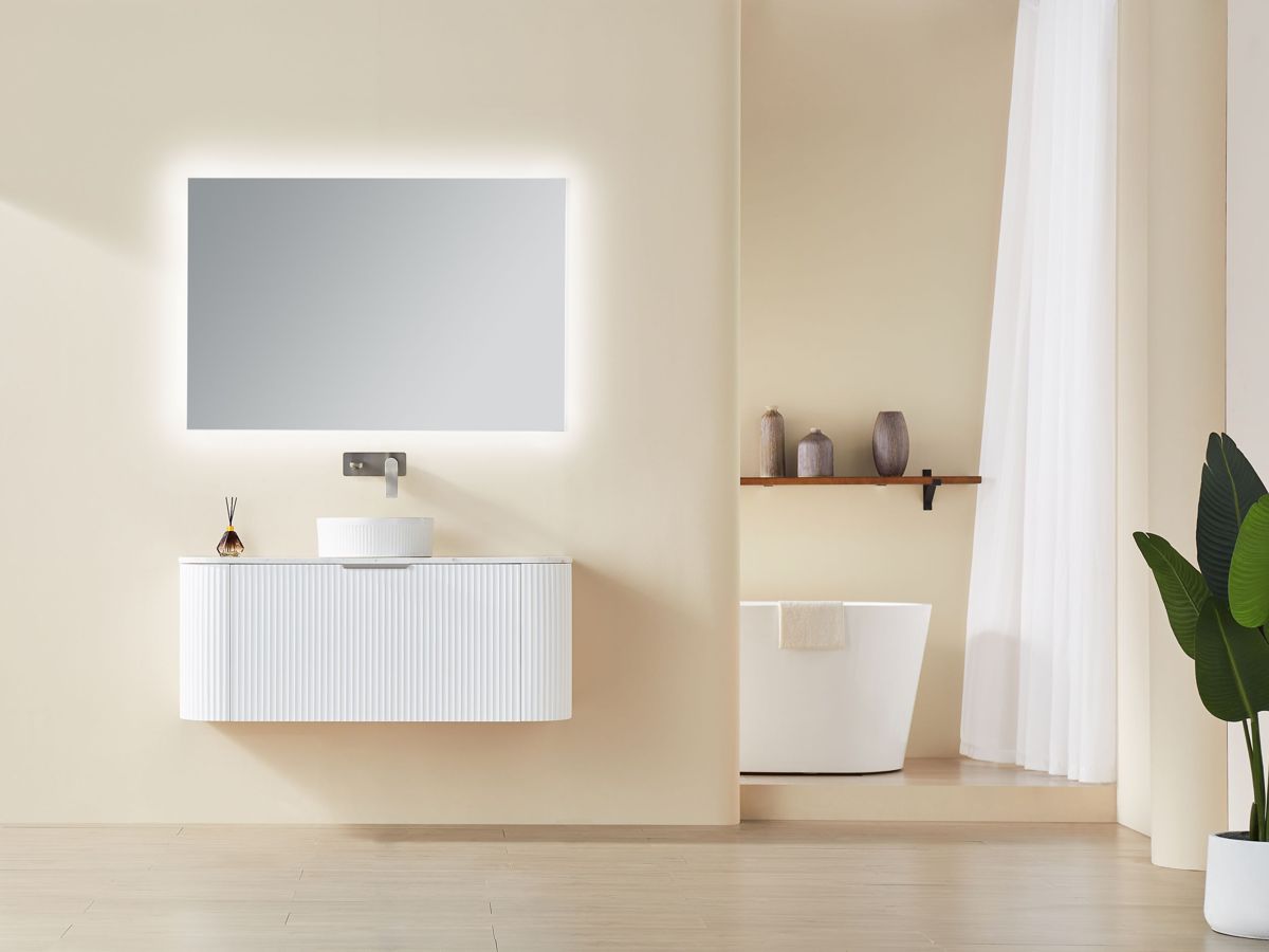 Avalon 1200mm vanity in Matte White beneath an LED mirror