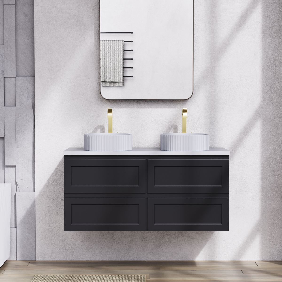 Fremantle double vanity in Matte Black with fluted basins