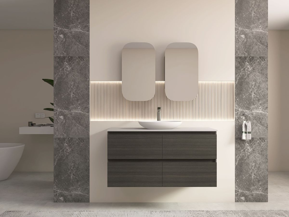 Stella walnut wall-hung vanity beneath oval mirrors